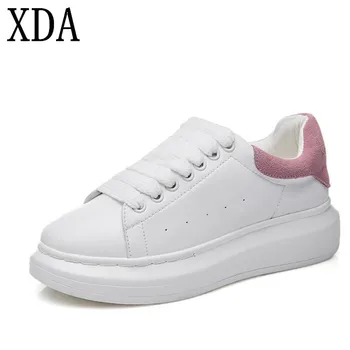 

XDA 2019 New Fashion Spring Autumn Genuine Leather flats sheos Women White Casual Shoes leisure Lace-up Platform single Shoes