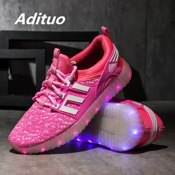 

2018 Fashion Kids USB Charging Led Sneakers Girls Lace-up Breathable Glowing Sneakers Boys Running Luminous Shoes with 7 Colors