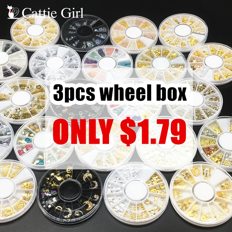 

3boxes Metal Matte Rose Gold Nail Accessories Geometric Wheel Studs Dried Flowers Gold 3D Nail Art Decorations DIY