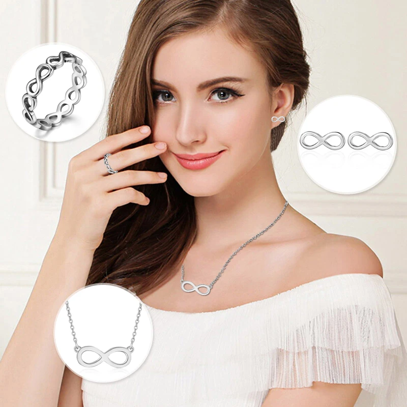 

Women Fashion Infinity Symbol 925 Sterling Silver Earrings&Necklaces&Rings Fine Jewelry Sets Fashion Wedding Accessories Gifts