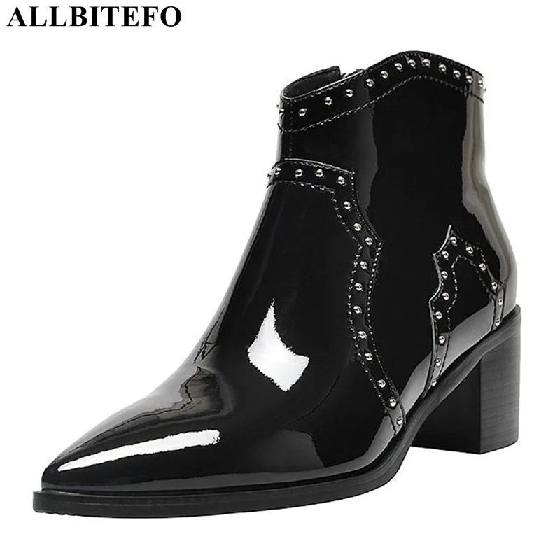 

ALLBITEFO fashion rivets genuine leather thick heel women boots high quality ankle boots for women winter shoes martin boots
