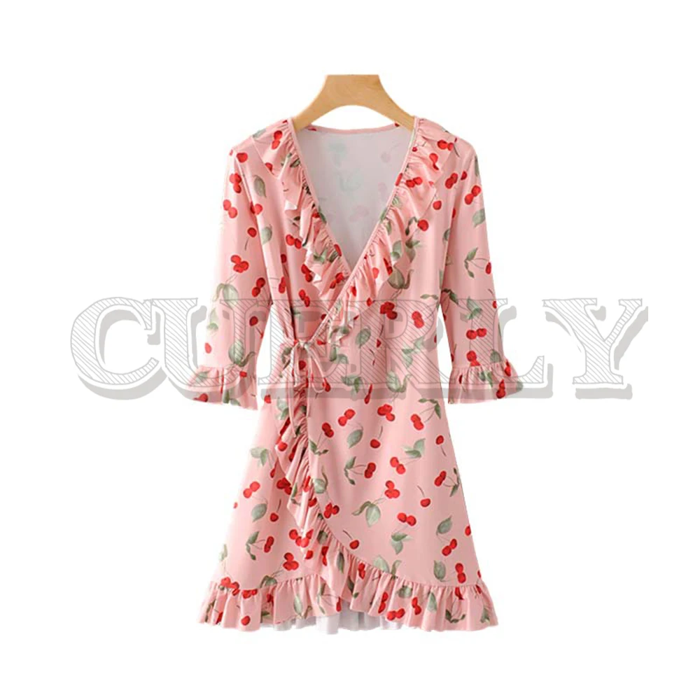 

CUERLY women cross V neck cherry print ruffled wrap dress A line three quarter sleeve female stretchy sweet mini dresses