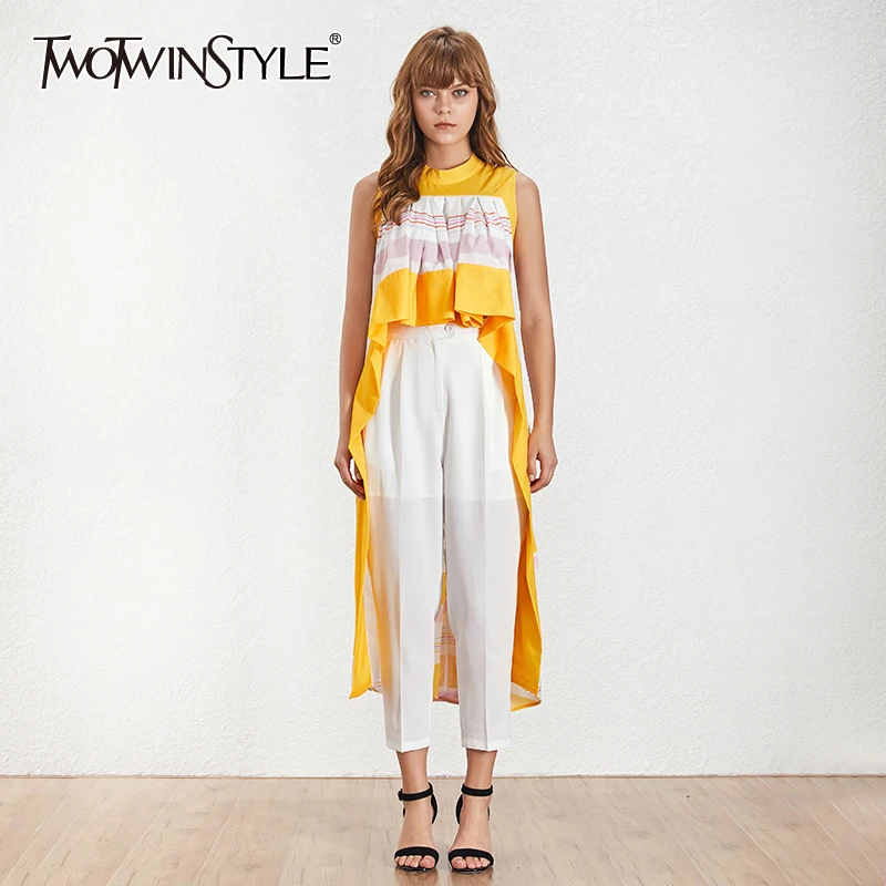 

TWOTWINSTYLE Striped Patchwork Shirts Blouse Women Stand Sleeveless Hit Color Asymmetrical Tops Female 2019 Casual Fashion