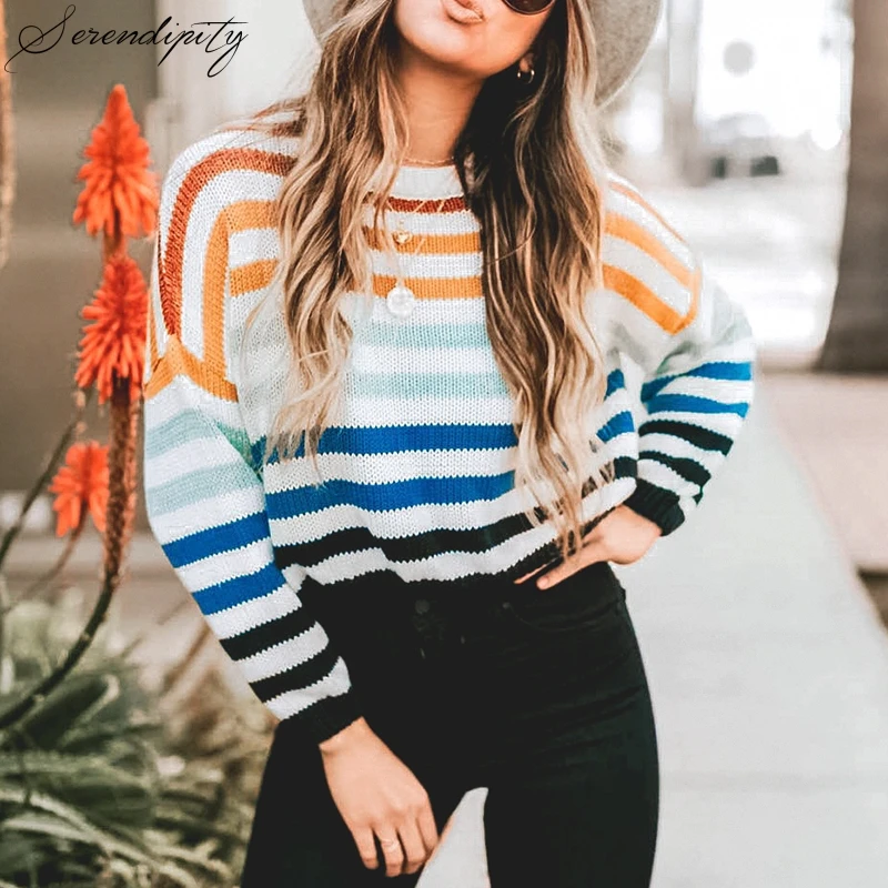 

SRDP Fashion Multicolor Stripe Women Pullover 2019 Autumn Winter Casual High Street Loose Long Sleeves Sweater Female Jumpers