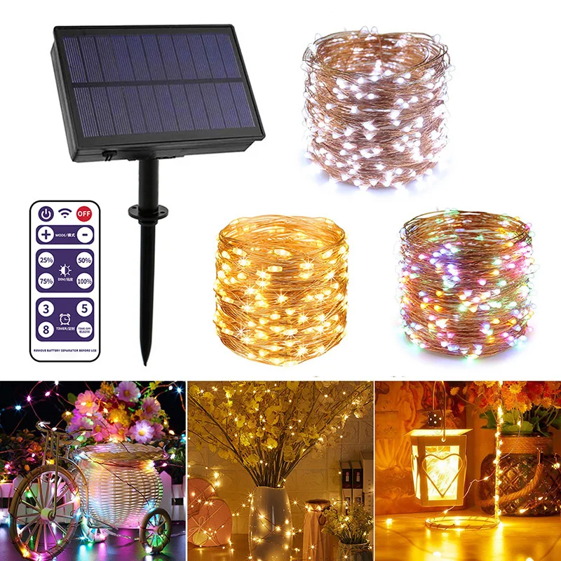 

Outdoor 100/200 LED Solar String Light Remote Control Copper Wire Lights Waterproof Party Wedding Christmas Halloween Decoration
