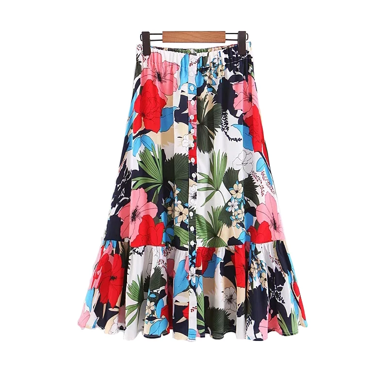 

Ruffles women new floral print skirts 2019 summer beach ladies chic pleated midi skirts boho girls high waist skirt jupe femme