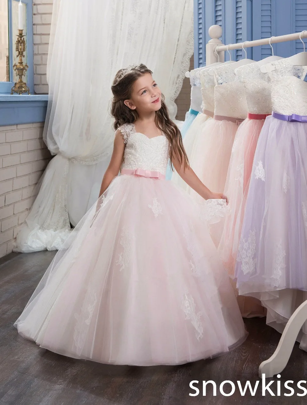 Blush pink first communion dress tulle ball gown sweetheart flower girl dresses with lace appliques kids pageant prom dresses