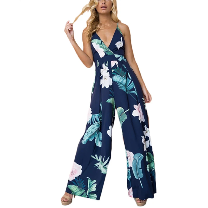 

Floral Print Back Bow Sleeveless Strap Jumpsuit Elegant 2018 Stripe Women Deep V Neck High Waist Wide Leg Jumpsuit Overalls