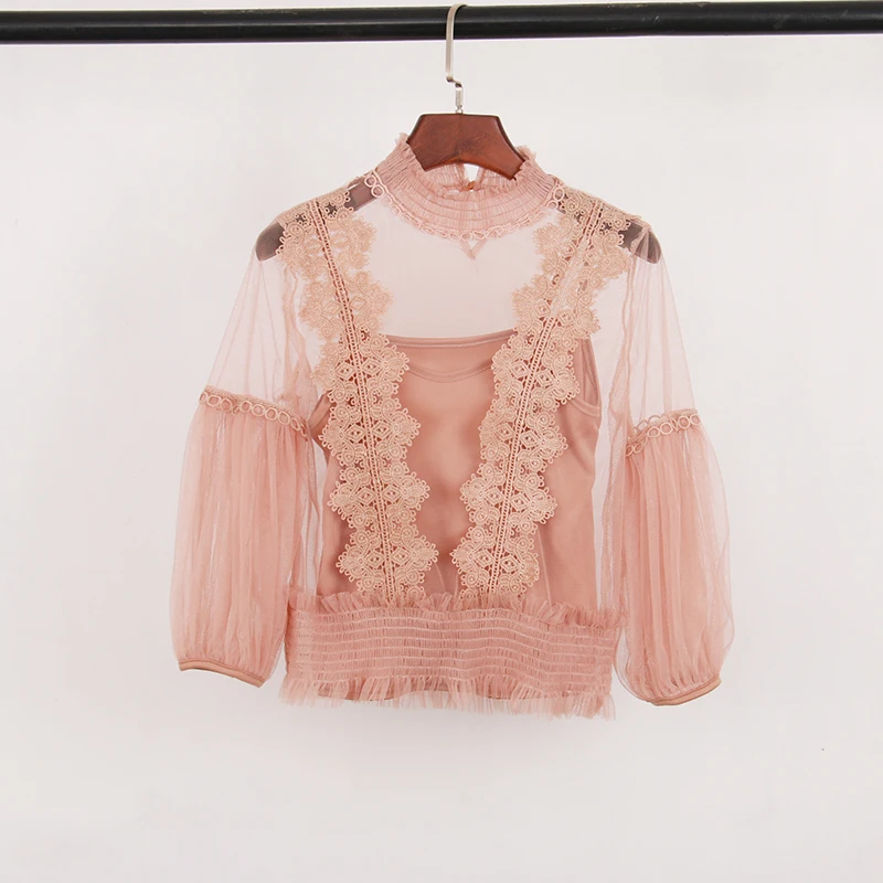 

2PCS Women Summer Lantern Sleeve Hollow Out Lace Flower Ruffle Basic Shirt Elegant Short Slim Mesh Gauze Tulle Voile Blouse Tops