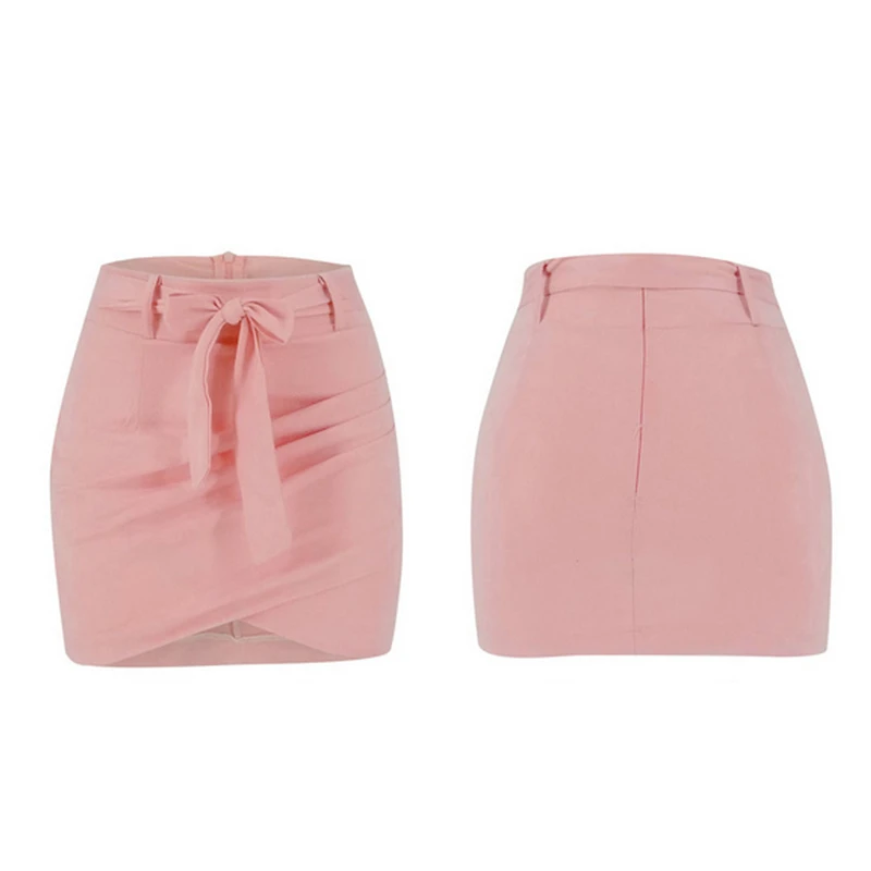 Юбка с завышенной талией, женская сексуальная юбка с асимметричным облегающим поясом, мини-юбка с бутонами, вечерние повседневные юбки для клуба, уличная юбка - Цвет: Розовый