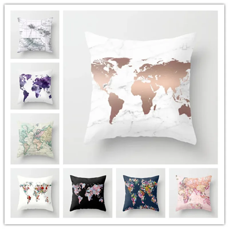 

2019 Cushion Cover World Map Decorative Pillows Case Polyester Cotton Cojines Decorativos for Sofa Car Home Throw Pillows Cover