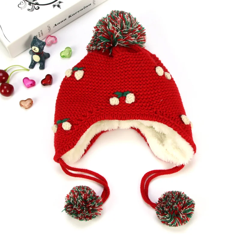 Cheery Knit Baby Hat Warm Velvet Winter Hat For Girls Ear Protect Lace Up Baby Beanie Pompom Cute Toddler Hat Baby Girl Clothing (11)