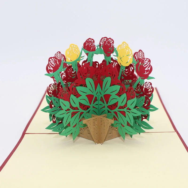 3D Laser Cut Handmade Carving Rose Flower Basket Paper Invitation Greeting Cards PostCard Wedding V - 32795331806