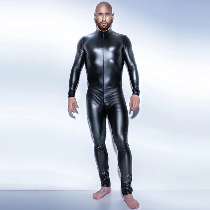 Black Wetlook Men's Fullbody Zentai Catsuit for Men One Piece Patent Leather Leotard Zipper Perfermance Costume Plus Size 4XL W930917 10.10 S-4XL (5)
