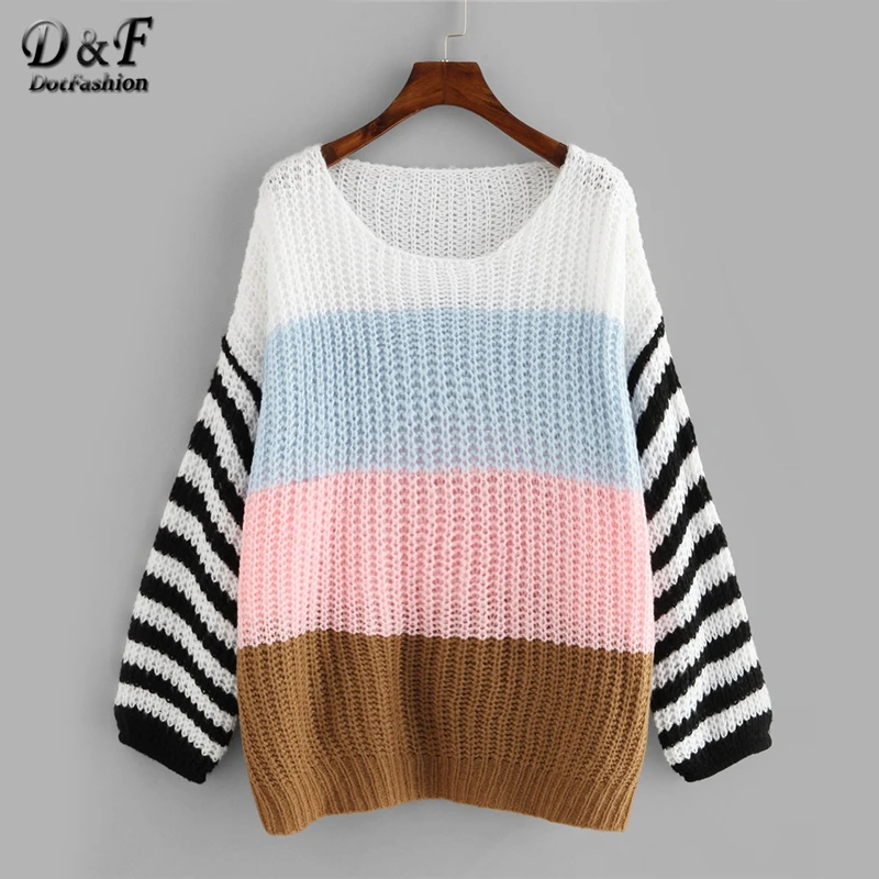 

Dotfashion Color Block Loose Knit Oversized Jumper Women 2019 Spring Autumn Casual Long Sleeve Womens Sweaters And Pullovers