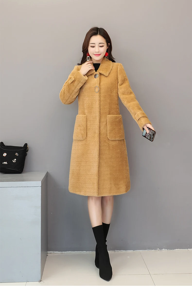 HANZANGL зимнее женское Шерстяное Пальто Золотое бархатное шерстяное пальто кашемир под норку пальто Офисная Женская парка длинная верхняя одежда