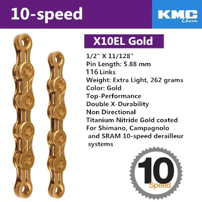 KMC X8 X9 X9sl X10 X10sl X11SL X12 велосипедная цепь 9S 10S 11S золото для MTB/шоссейного велосипеда для Shimano/SRAM 8 9 10 11 скорость 116л/цепь - Цвет: X10EL Gold