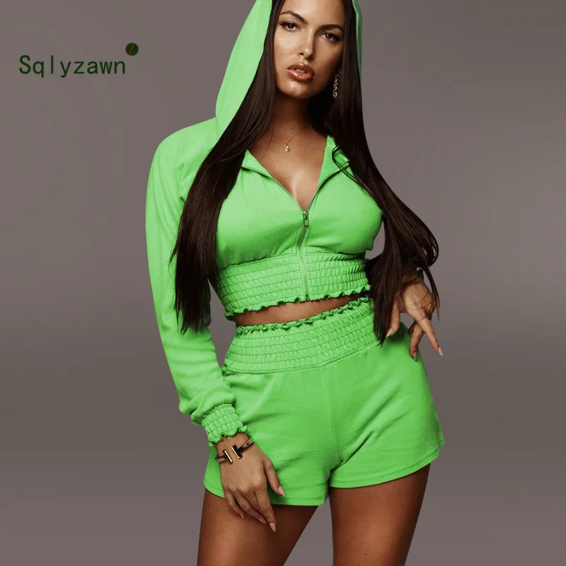 

Women Zipper Up Hooded Long Sleeve Crop Top Elastic Waist Shorts Suit 2 Piece Set Autum Solid Ruched Patchwork Tracksuit Outfits
