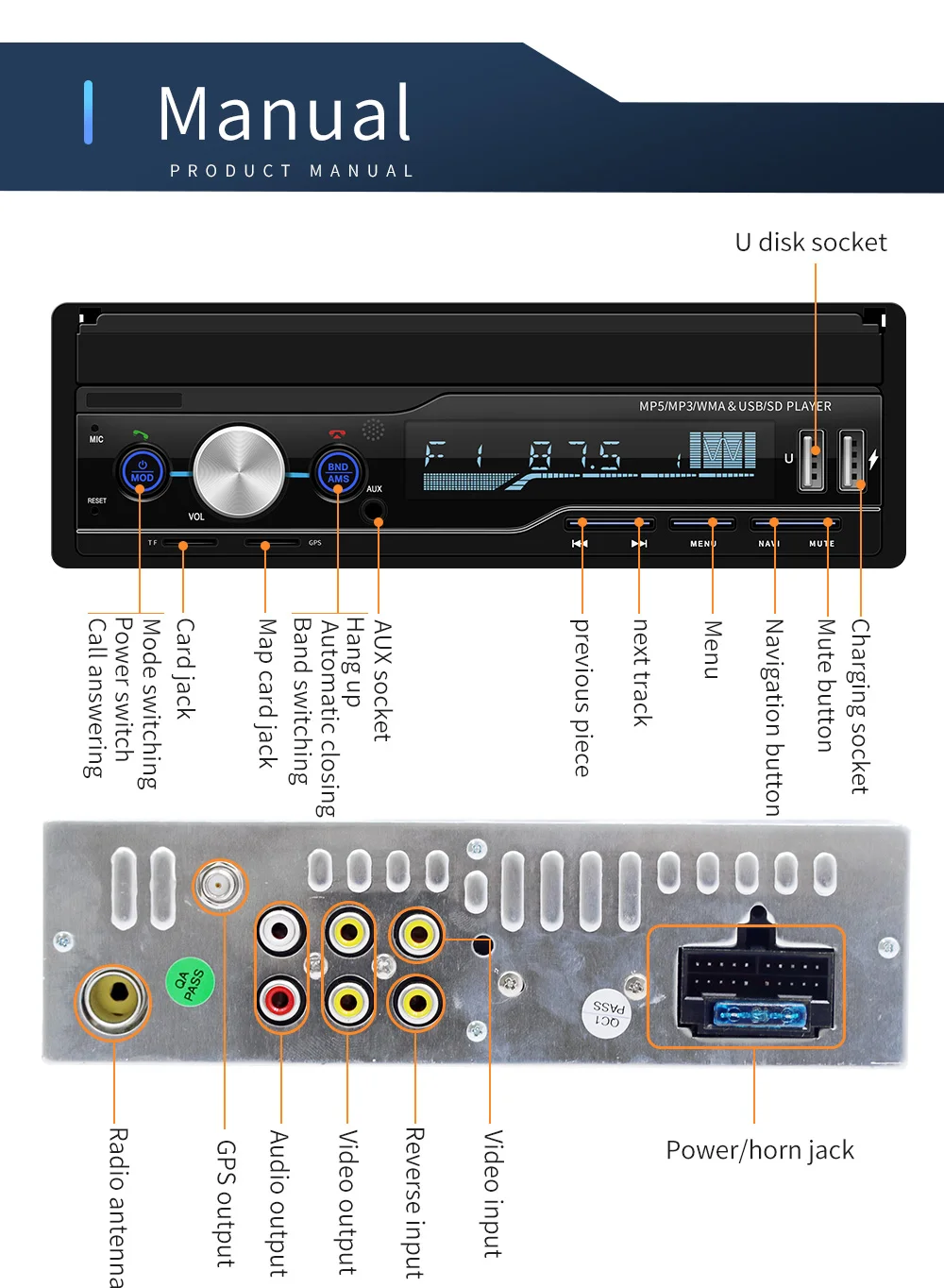 Автомагнитола Mp5 Плеер MP3 Авторадио Bluetooth RDS " 1 Din gps аудио стерео Авто складной экран FM/AM Зеркало Ссылка