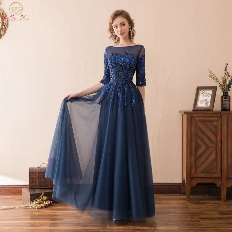 

Fantastic Navy Blue Prom Dresses Sequined Beading A Line Lace Up Half Sleeve O Neck Evening ever pretty vestidos cerimonia 2019