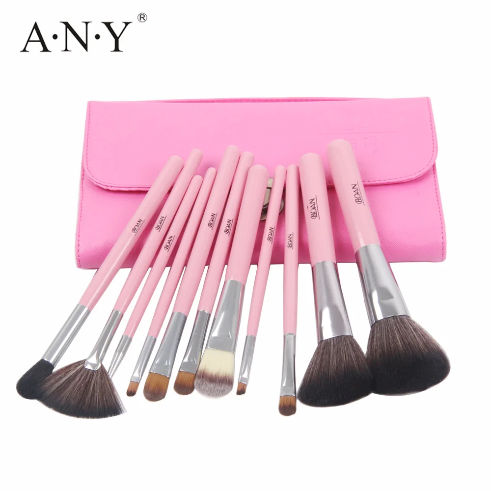 ANY Pink Wooden Handle Makeup Brush Set 11PCS Professional Nylon