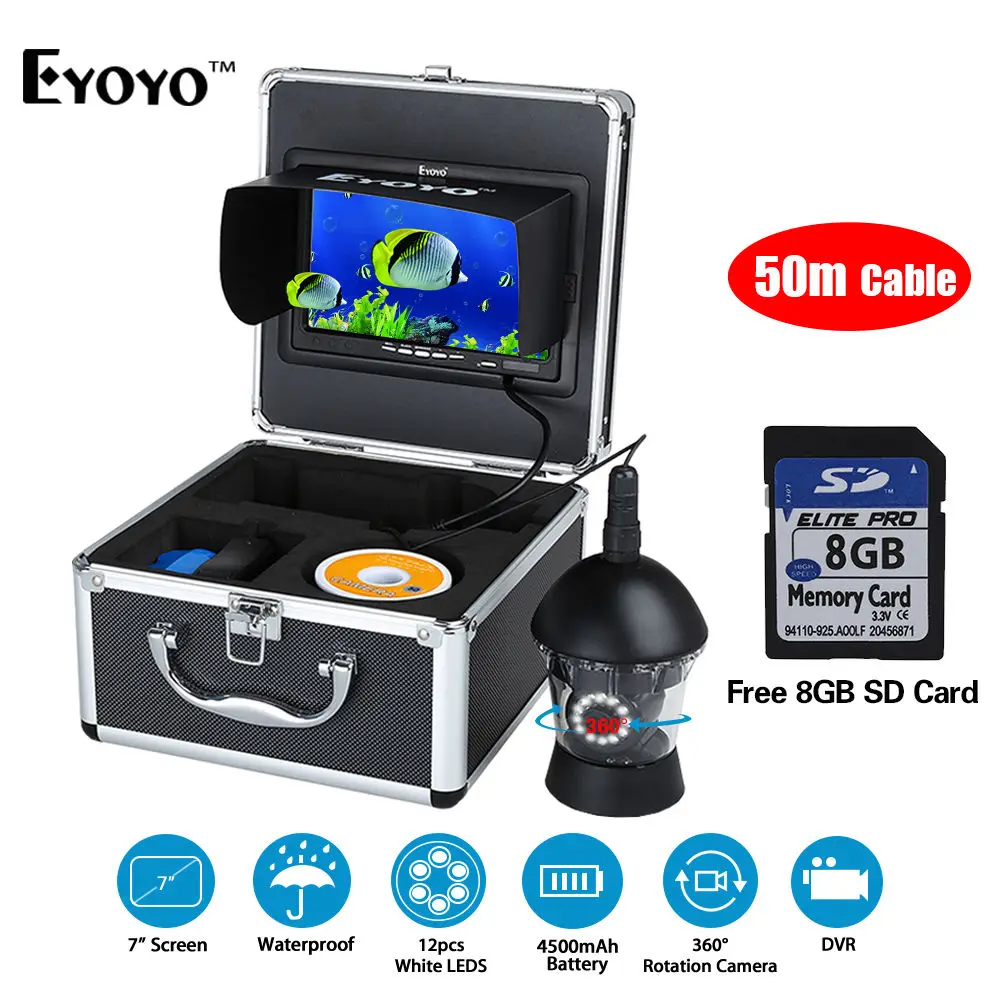 

EYOYO 50M/165FT 360 degree Rotation Fishfinder 7" LCD Underwater Fishing Camera 12pcs White LED Lights 8GB DVR Video Recorder