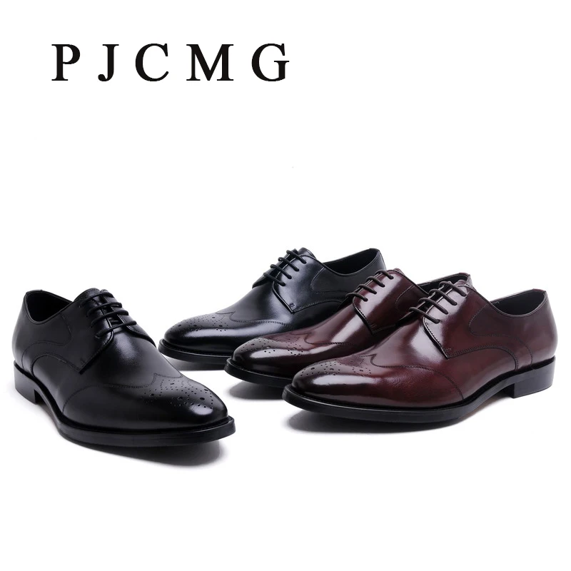 PJCMG New Fashion Men's Carved Genuine Leather Brogue Man Oxford Bullock Flats Vintage Lace-Up Casual Business Dress Shoes