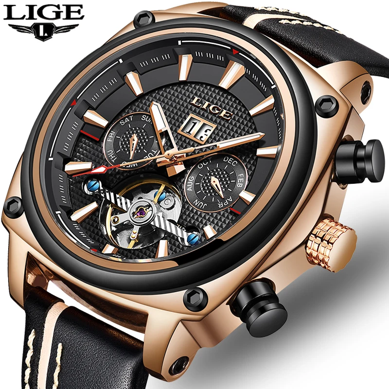 Мужские механические часы LIGE Tourbillon Классические Автоматические с кожаным ремешком розовое золото