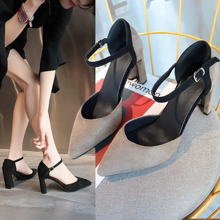

New summer thick with high heels female wild suede pointed a word buckle sexy Baotou single shoes women