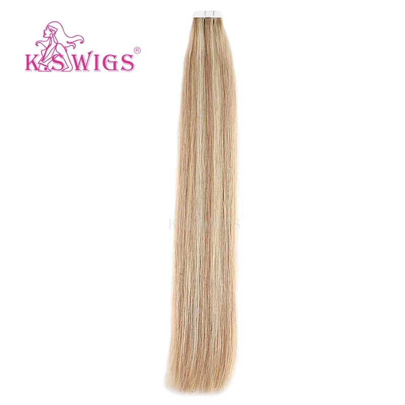 K.S WIGS Straight Tape In Remy Hair Extensions Double Drawn Skin Weft On Adhesive Piano Color 16'' 20'' 24'' - Цвет: P18K-613