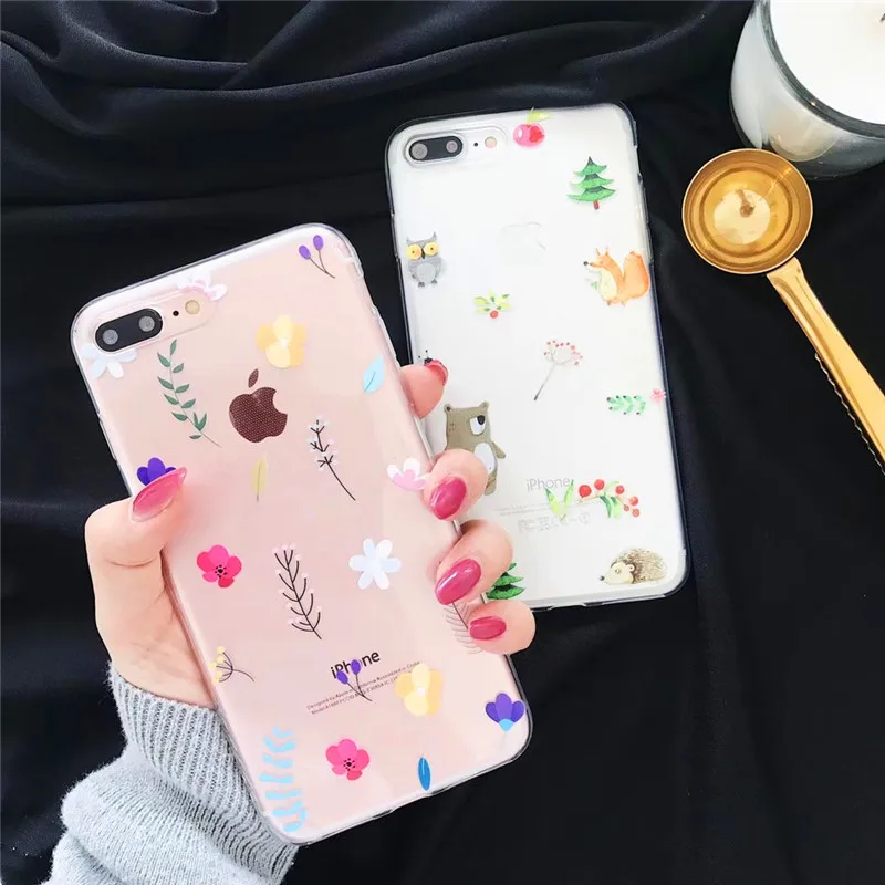 

Cartoon Flowers Leaf Animal Phone Case For iphone X Case For iphone 7 6S 6 8 Plus Ultra thin Soft Clear Back Cover Cases