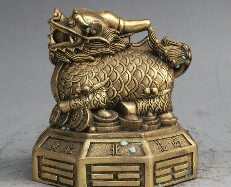 

Old Folk china FengShui brass Dragon Kylin Unicorn Lion On Eight Diagrams statue