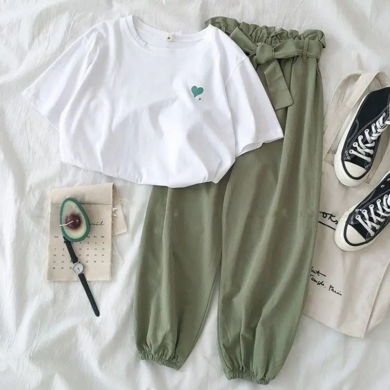 

Women 2 piece set Short Sleeve T-shirt Solid Color Pants Concise Casual All-match ensemble femme Fashion preppy style