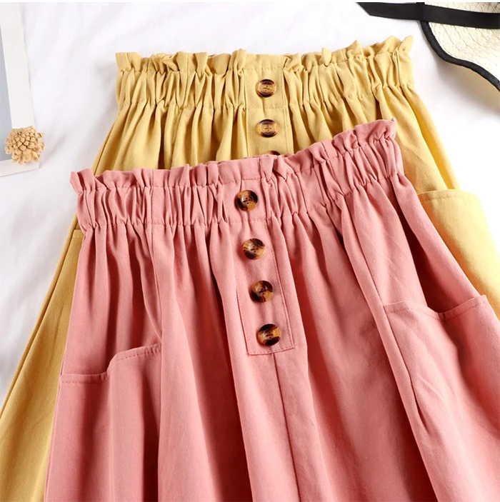 TIGENA, летняя женская юбка средней длины из хлопка с карманом, корейская мода, высокая талия, длина до колен, школьная юбка, женская, розовая, желтая