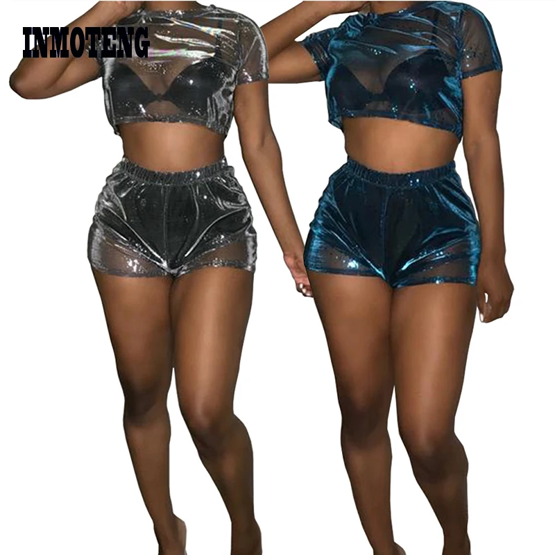 

INMOTENG See Through Mesh Sexy 2 Piece Set Summer Short Sleeve Crop Top Matching Short Pants Women Party Dream Color Outfits XXL