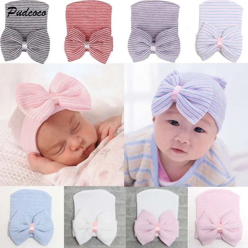 

2019 Brand Newborn Baby Girls Striped Headband Headwear Toddler Soft Beanie Hat with Bow 8 Colors