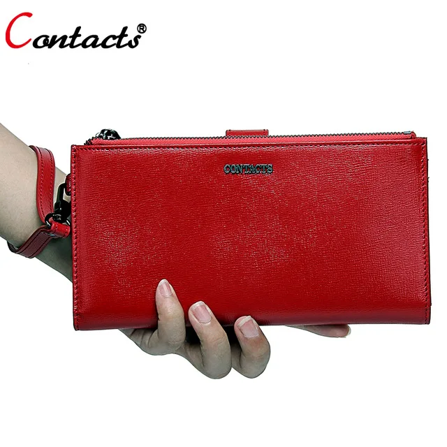 Contact's Zipper Women Wallet Female Genuine Leather Wallet Women Purses Red Leather Clutch Credit Card Holder Phone Coin Purse
