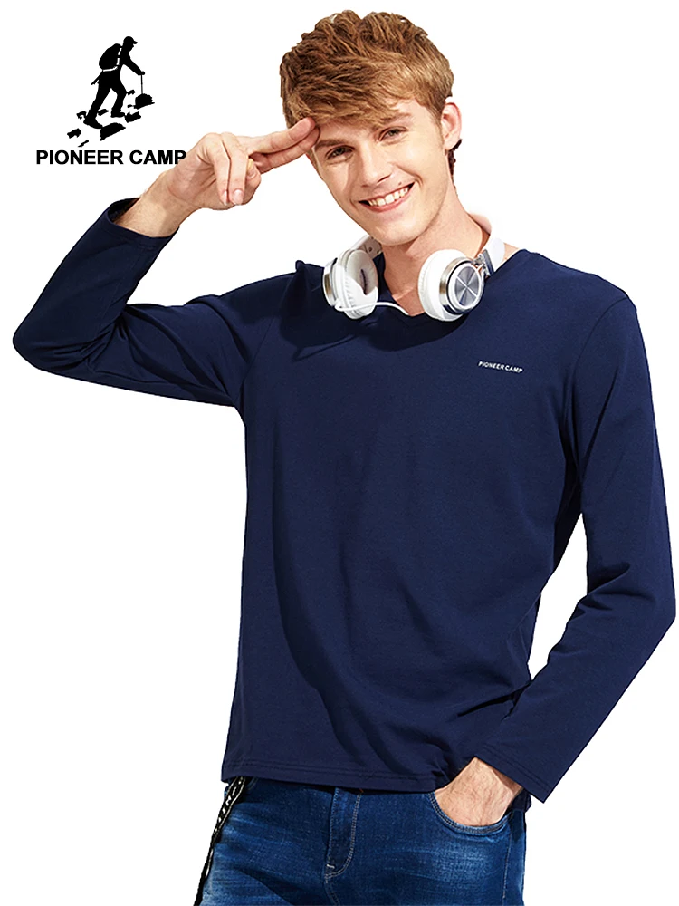 

Pioneer Camp new solid long sleeve T-shirt men brand-clothing casual V-neck T shirt male top quality stretch Tshirt ACT702267