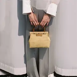 Летние деревянные клип тканые соломы жесткой ручкой сумки для женщин Вязание пляжная сумка простые дизайнерские модные дикие платины