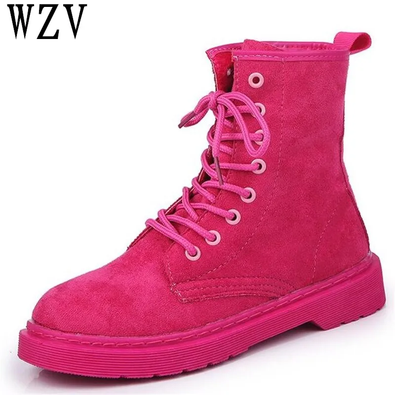 

Women Buckskin Martin Boots 2018 Autumn Winter Lace-up ankle boots Black red khaki Motorcycle Boots fashion Women's Shoes E263