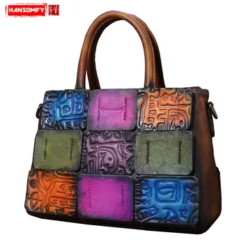 

2018 New Genuine Leather Women Handbags Female Shoulder Bag Luxury Fashion Contrast Color Messenger Bags First Layer Leather