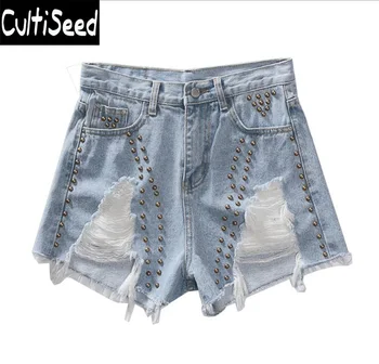 

High Waist Ripped Hole Brown Rivet Denim Jeans Shorts Clothing Lady Summer Jeans Shorts