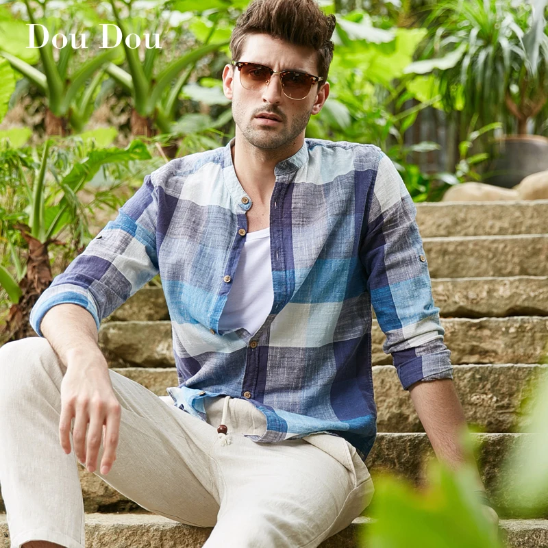 Dou Art Grid 2018 Sale New Costumes Uomo Men Blouse Shirt Camisas Boys Linen Top Plaid Checkered Large Plus Size | Мужская одежда