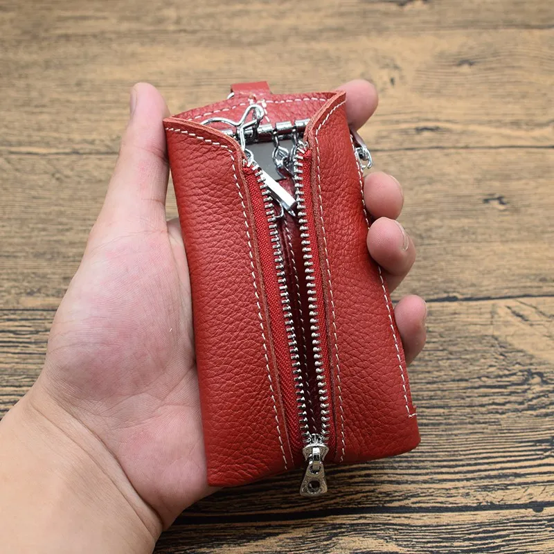Zongshu Vintage Retro Genuine Leather Key Holder for Men Zipper Key