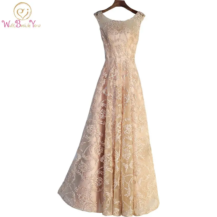 

Walk Beside You Vintage Gold Evening Gowns Long Floor Length Lace Vestido Social Robe Longue Femme Soiree Prom Dresses