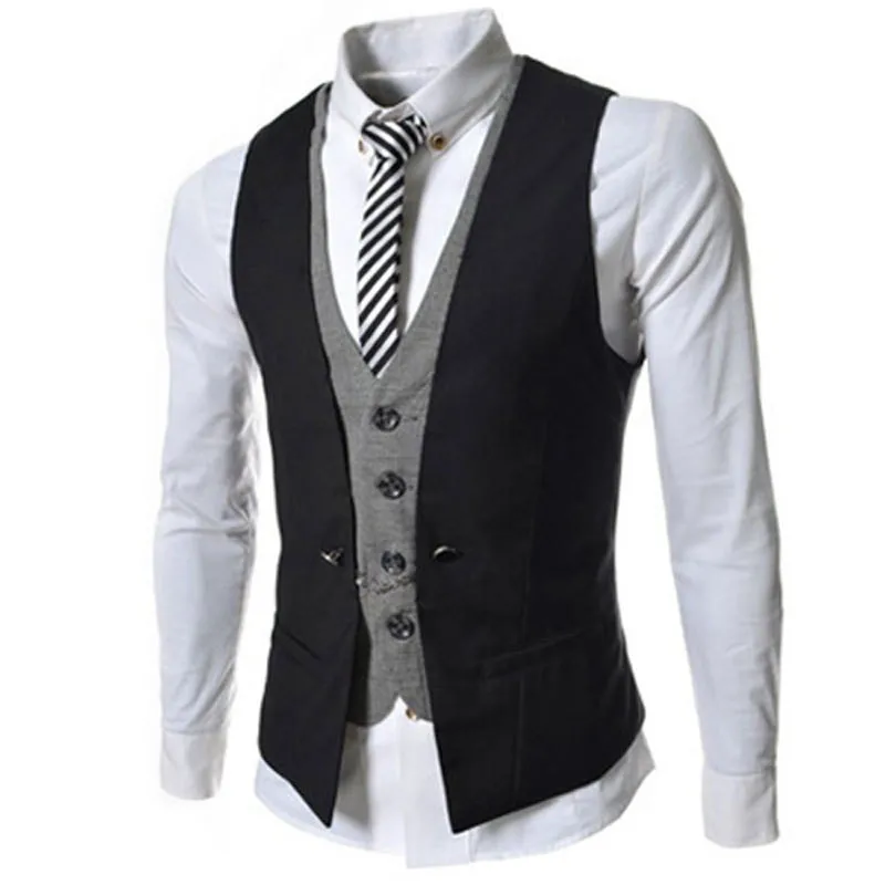 

New Arrival Men Vest Spring Autumn Fashion Fake Two-Pieces Suit Vest Brand Black White Red Hit Color Waistcoat Men