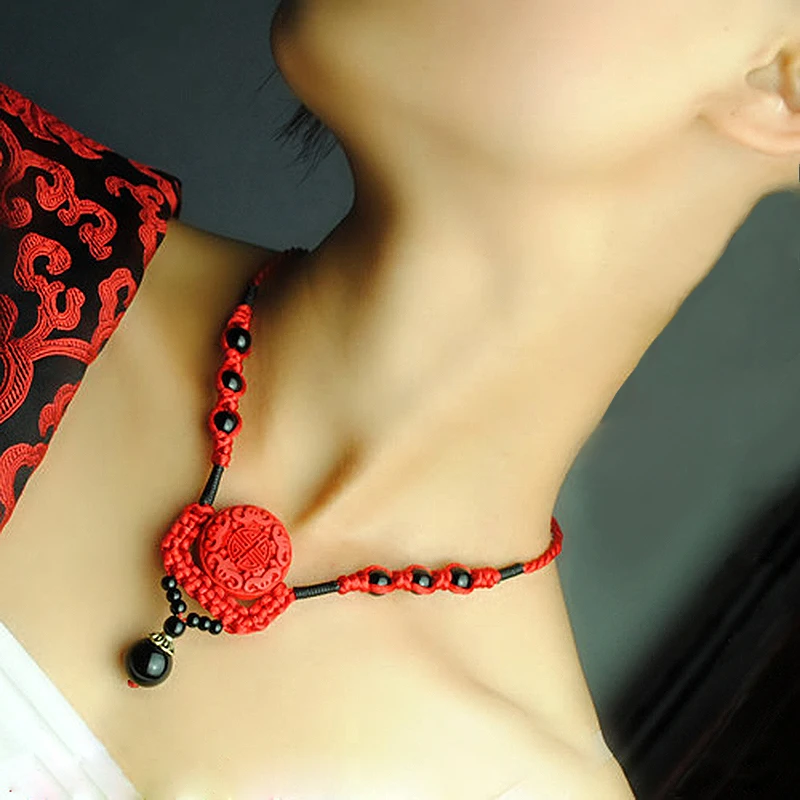 

choker vintage necklace for women rope chain carved lacquerware pendant classical red and black color stone fashion jewelry 2016