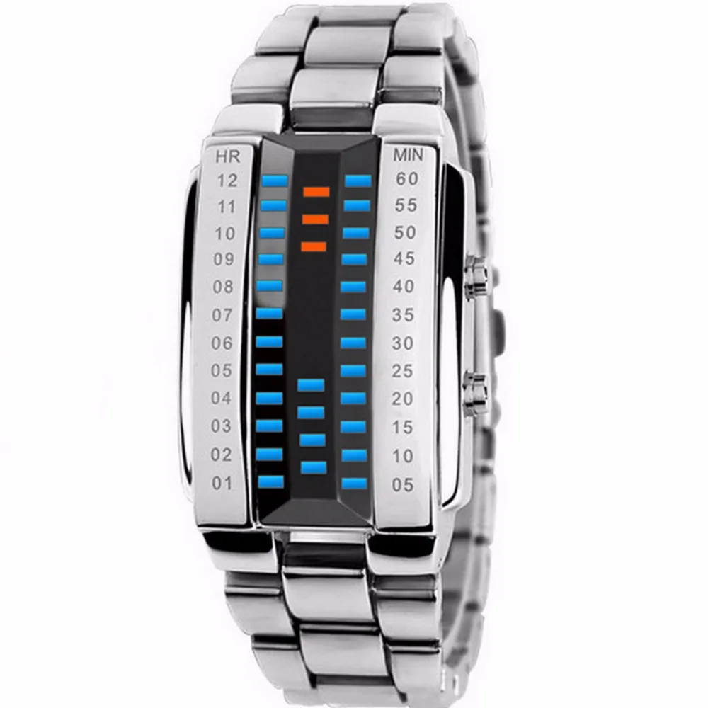 Новые Creatieve люкс Lovers 'Horloge Mannen 2018 Staal blue Binary Lichtgevende светодиодный Электронный