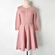 2019 Spring Summer New Epaulettes Seven Points Cuffs Phnom Penh High Waist Wave Large Swing Knit Dress Sets of Women's Clothing