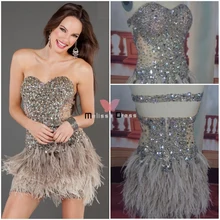 2016 trägerlosen Kurzen/Min Crystals Schweres Wulstiges Homecoming Kleider durchsichtig Stoff Feder Rock Sexy Kurze Cocktailkleider